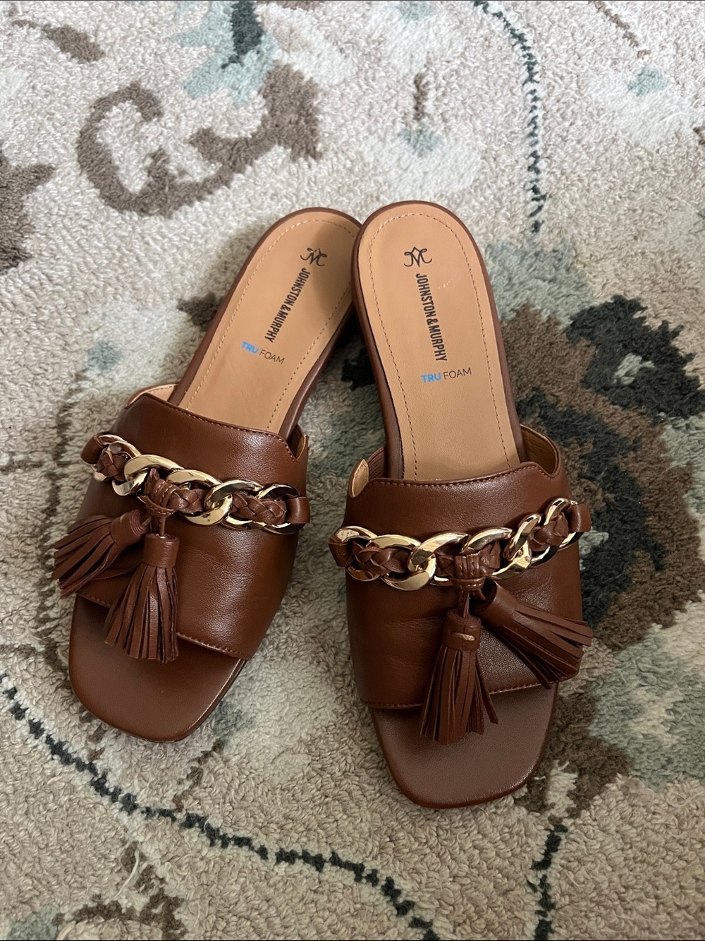 Johnston & Murphy Brown Leather Tassel Chain Slide Mules